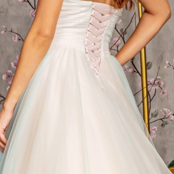 NEW LONG FORMAL SLEEVELESS STRAPLESS MESH BALL GOWN WITH LACE UP BACK GL3244 - Picture 11 of 12